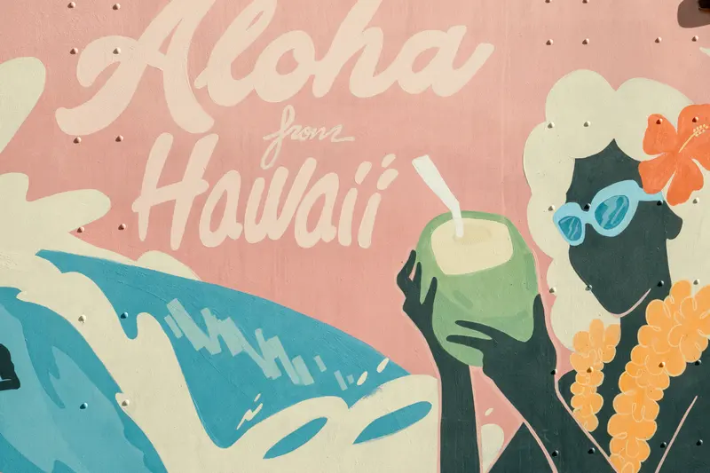 Close-up of the Aloha from Hawaii mural by Jack Soren