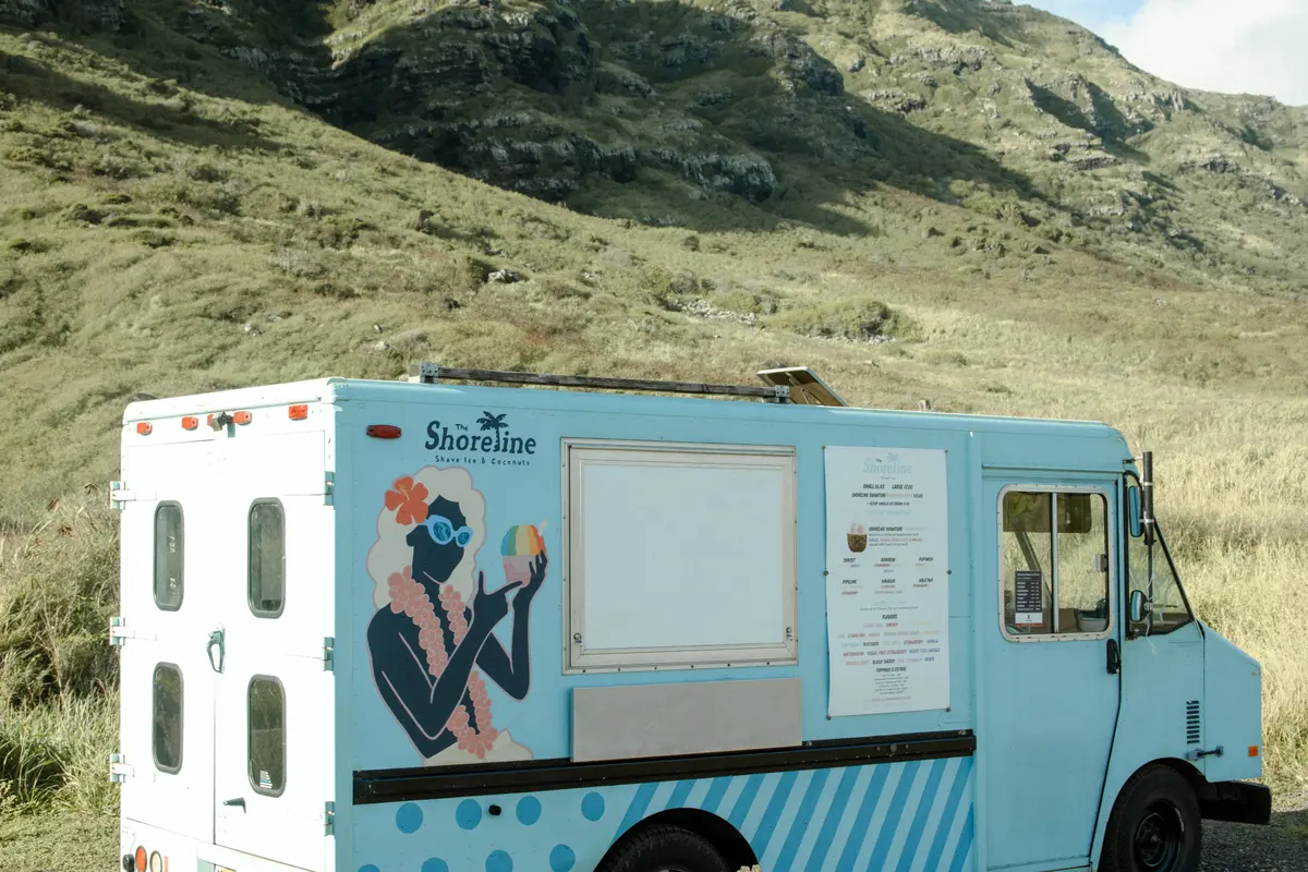 The Shoreline Truck on the North Shore with mountains behind